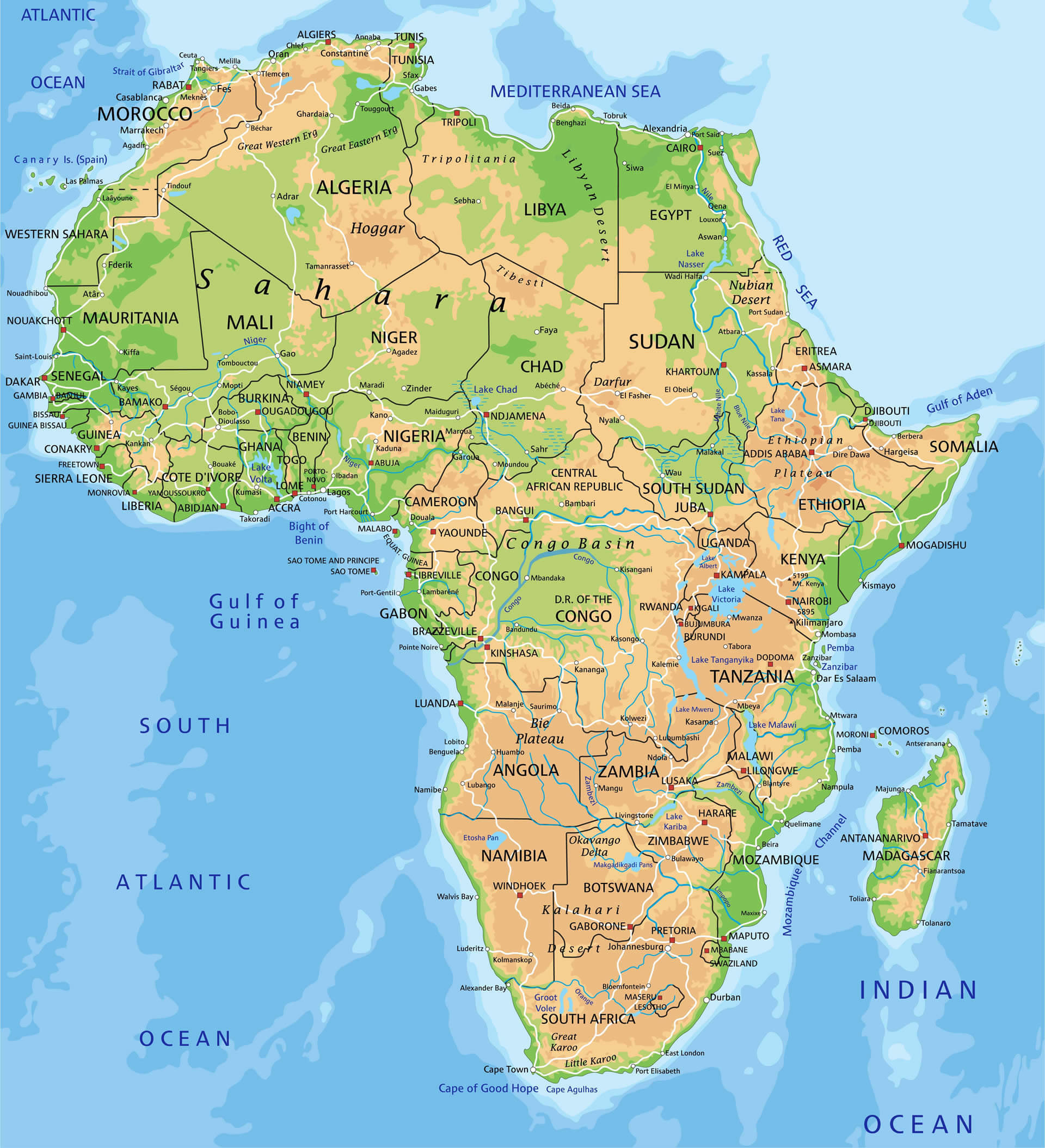 Yüksek Detaylı Afrika Fiziki Haritası